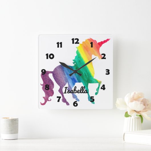 美しい虹のユニコーンパーソナライズされたキッズガーリー スクエア壁時計 (ホーム)