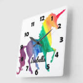 美しい虹のユニコーンパーソナライズされたキッズガーリー スクエア壁時計 (傾斜)