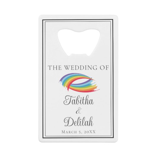 美しい虹パーソナライズされたの結婚波 クレジットカード栓抜き (正面)