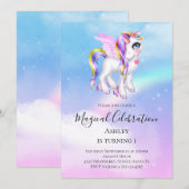 美しい虹色のたてがみを持つユニコーンの誕生日 招待状 (正面/裏面)