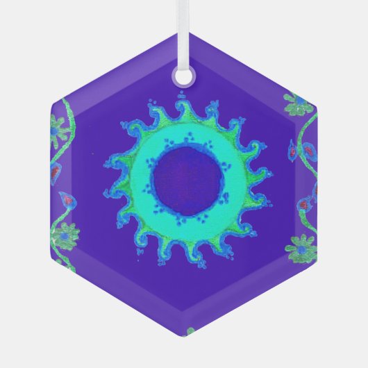 美しい虹色の青いフローラアートオイルペインティング ガラスオーナメント (正面)