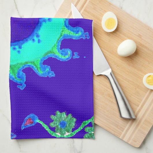 美しい虹色の青いフローラアートオイルペインティング キッチンタオル (四つ折り)