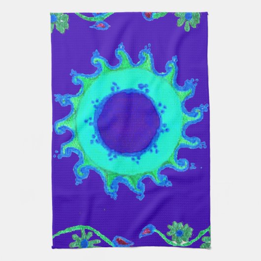 美しい虹色の青いフローラアートオイルペインティング キッチンタオル (縦)