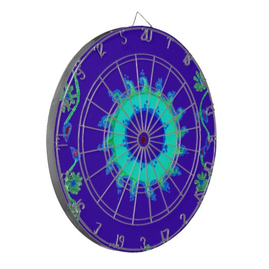 美しい虹色の青いフローラアートオイルペインティング ダーツボード (正面左)