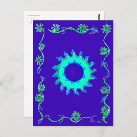 美しい虹色の青いフローラアートオイルペインティング ポストカード (正面/裏面)