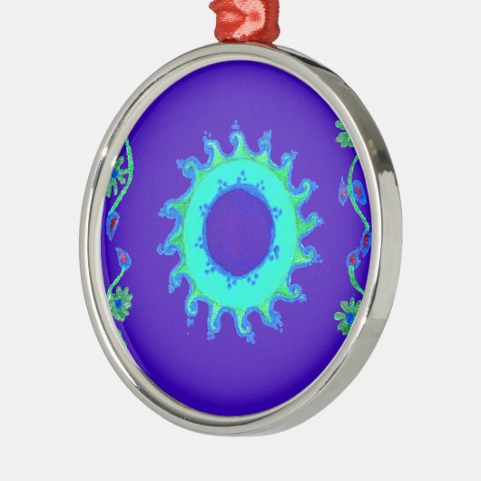 美しい虹色の青いフローラアートオイルペインティング メタルオーナメント (左)