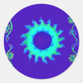 美しい虹色の青いフローラアートオイルペインティング ラウンドシール (正面)