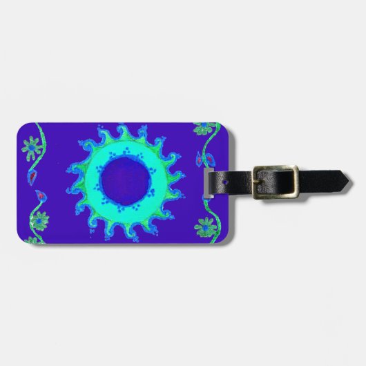 美しい虹色の青いフローラアートオイルペインティング ラゲッジタグ (正面横)