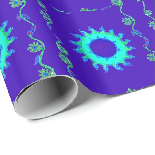 美しい虹色の青いフローラアートオイルペインティング ラッピングペーパー (ロールコーナー)