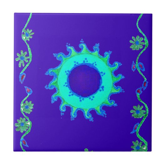 美しい虹色の青い花の油絵アート タイル (正面)
