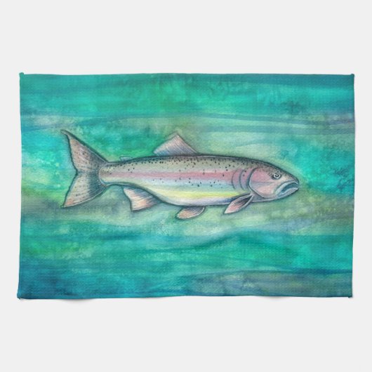 美しい虹鱒の水彩画アート キッチンタオル (横)