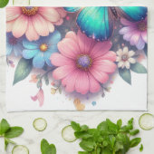 美しい蝶といっしょに描かれたデイジーの花 キッチンタオル (折り畳み)