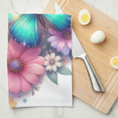 美しい蝶といっしょに描かれたデイジーの花 キッチンタオル (四つ折り)