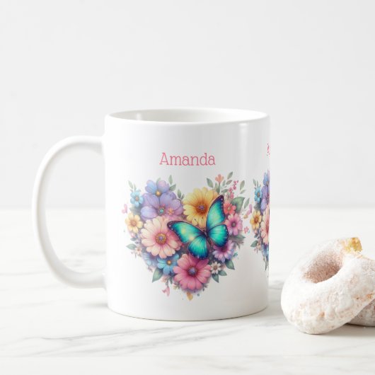 美しい蝶とデイジーの花 コーヒーマグカップ (ドーナツ)