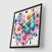 美しい蝶とデイジーの花 スクエア壁時計 (傾斜)