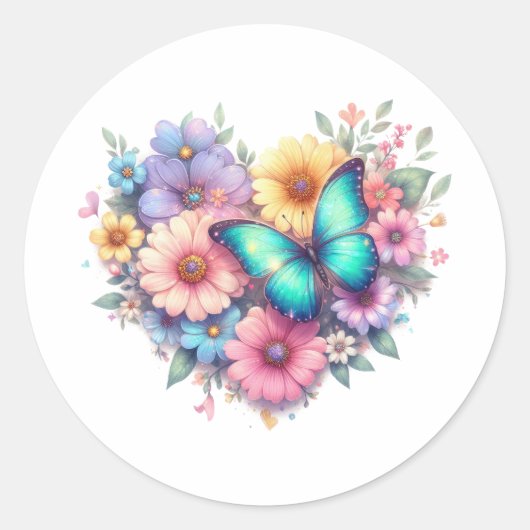 美しい蝶とデイジーの花 ラウンドシール (正面)
