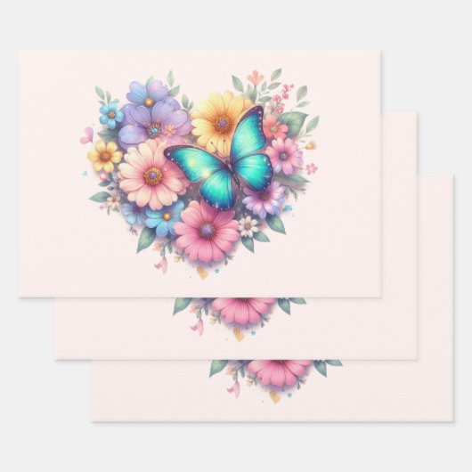 美しい蝶とデイジーの花 ラッピングペーパーシート (セット)