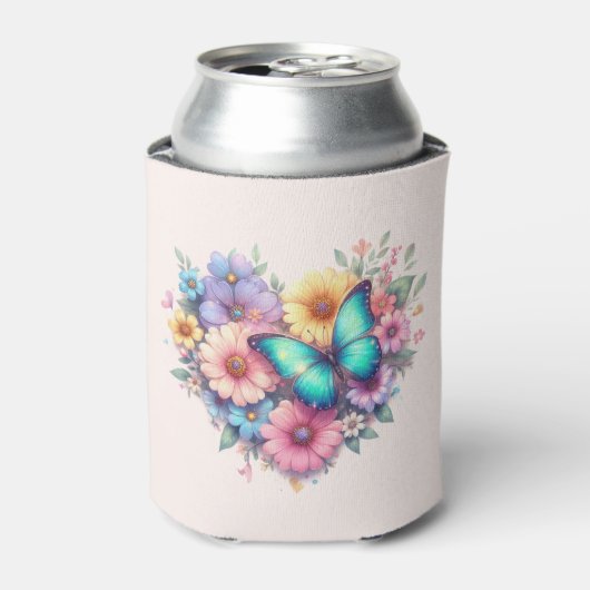 美しい蝶とデイジーの花 缶クーラー (缶正面)