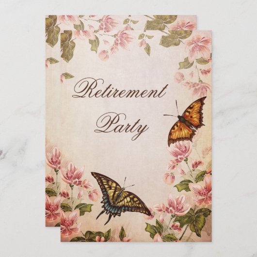 美しい蝶とヴィンテージの花の定年 招待状 (正面/裏面)