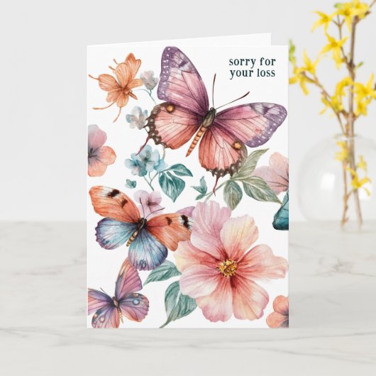 美しい蝶と花の損失のために残念 カード (黄色い花)