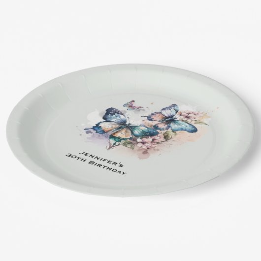 美しい蝶と花誕生日 ペーパープレート (アングル)
