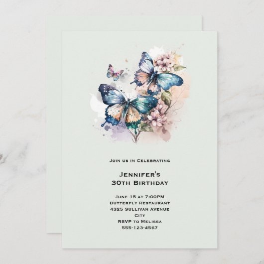美しい蝶と花誕生日 招待状 (正面/裏面)