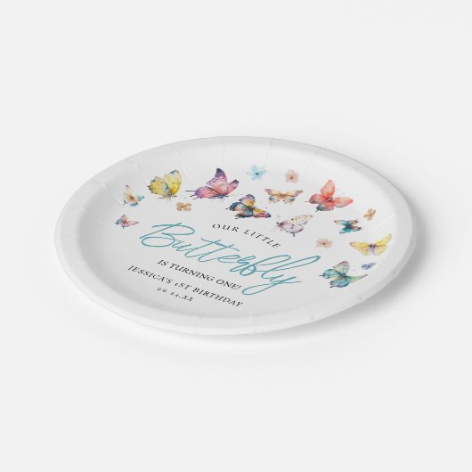 美しい蝶の女の子の誕生日パーティー ペーパープレート (アングル)