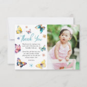 美しい蝶の女の子の誕生日写真 サンキューカード (正面)