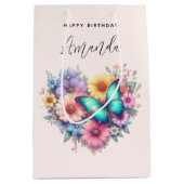 美しい蝶の誕生日をお祝いするデイジーの花 ミディアムペーパーバッグ (正面)
