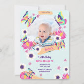 美しい蝶の誕生日招待状と写真 (正面)