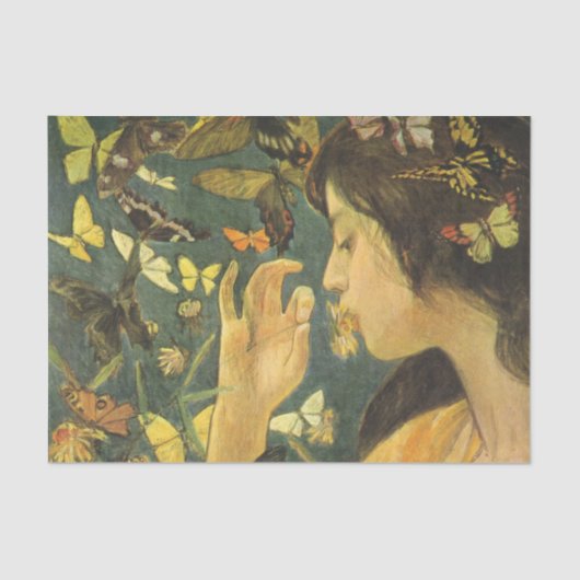 美しい蝶を持つアジアの若い女性 薄葉紙 (正面)