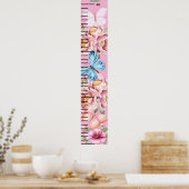 美しい蝶ピンクのフローラ女の子の成長チャート ポスター (キッチン)