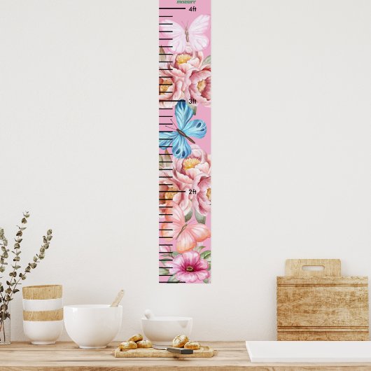 美しい蝶ピンクのフローラ女の子の成長チャート ポスター (キッチン)