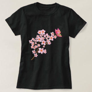 美しい蝶日本のさくらんぼブロッサム桜 Tシャツ