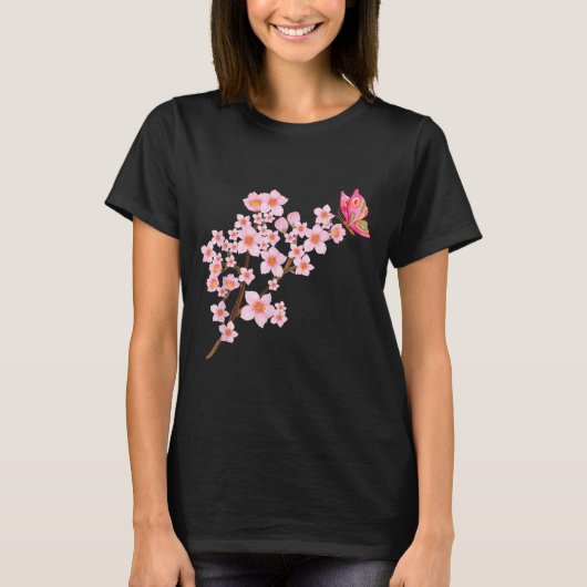 美しい蝶日本のさくらんぼブロッサム桜 Tシャツ (正面)