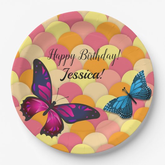 美しい装飾の蝶オレンジスカロップ ペーパープレート (正面)