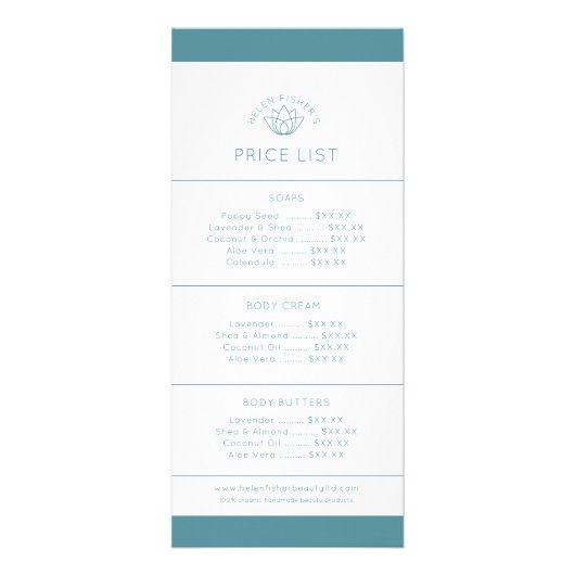 美しい製品価格表ティール(緑がかった色)ホワイトロータロゴ ラックカード (正面)