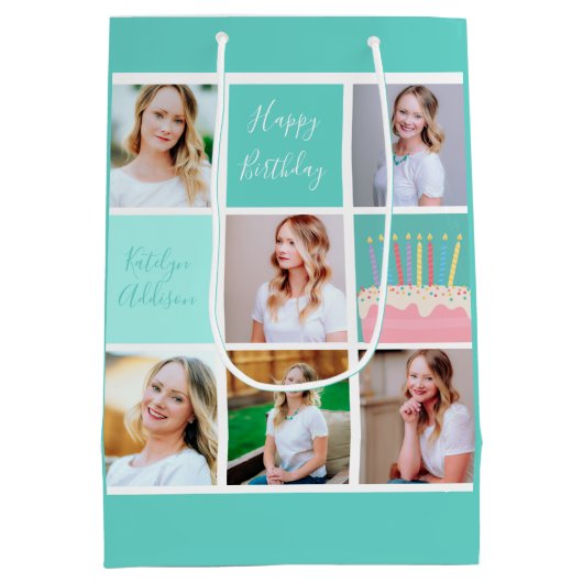 美しい誕生日ガールフォトコラージュカスタムティール（緑がかった色） ミディアムペーパーバッグ (裏面)