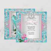 美しい誕生日パーティー テール ピンク ローズ ハイ ヒール 3 招待状 (正面/裏面)