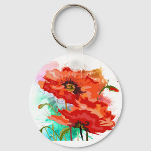 美しい赤いケシの花のボタンキーチェーン キーホルダー