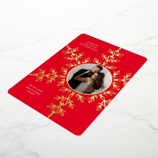 美しい赤いスノーフレーク写真クリスマスフォイルカード 箔シーズンカード (回転した状態)