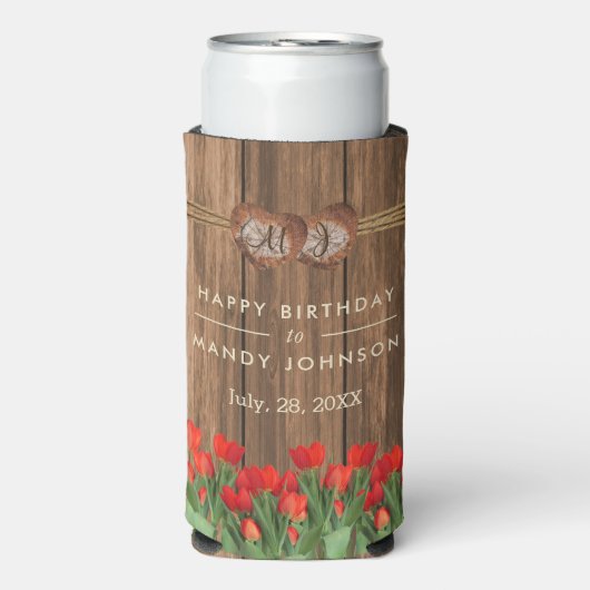 美しい赤いチューリップ花オンウッド – 誕生日 スリム缶クーラー (Seltzer正面)