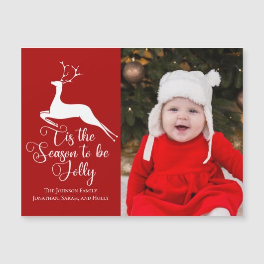 美しい赤いトナカイのクリスマスフォトマグネットカード (正面)