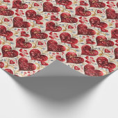 美しい赤いハートと花のヴィンテージ ラッピングペーパー (角)