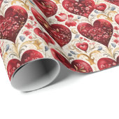 美しい赤いハートと花のヴィンテージ ラッピングペーパー (ロールコーナー)