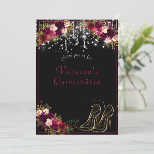 美しい赤いバラが輝く星たち ハイヒール キンセ 招待状 (スタンド正面)