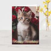 美しい赤いバラに囲まれた愛らしい子猫 カード (黄色い花)