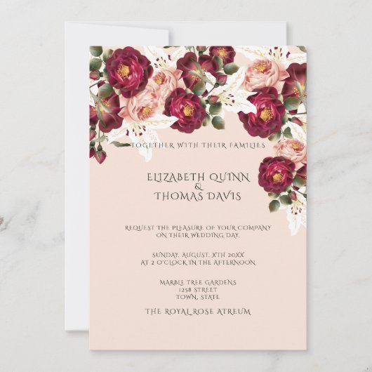 美しい赤いバラのピンク牡丹ホワイトリリー 招待状 (正面)