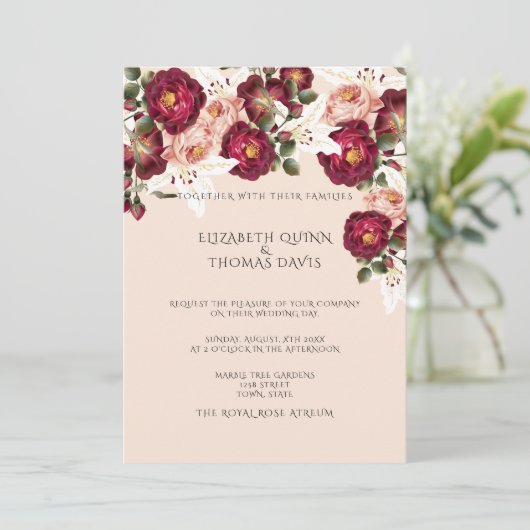 美しい赤いバラのピンク牡丹ホワイトリリー 招待状 (スタンド正面)