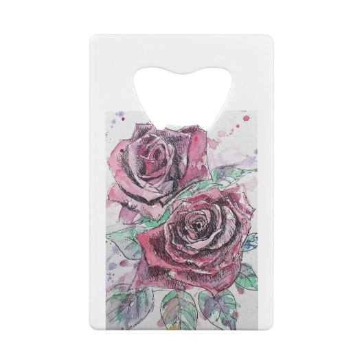 美しい赤いバラの絵画水色 クレジットカード栓抜き (裏面)